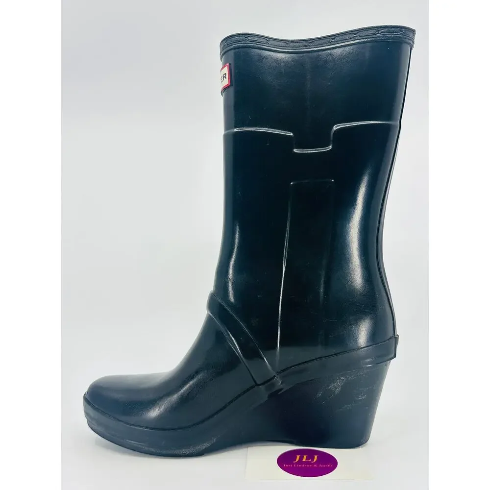 Hunter Women's Kellan Mid Black Glossy Rubber Wedge Rain Boots Size 8 SEE PHOTOS